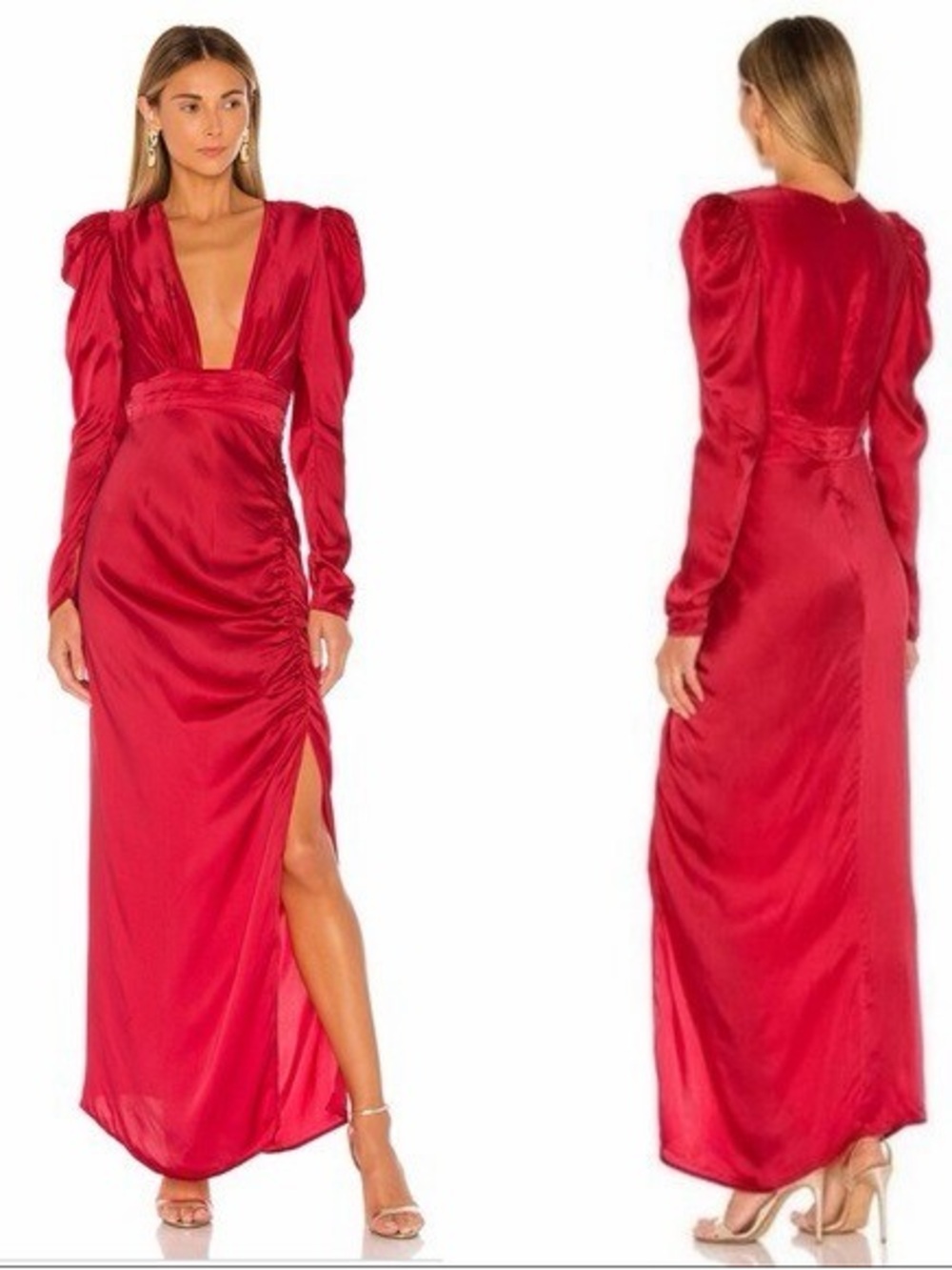 Rococo Sand Satin Ruched Deep Cut Maxi Dress XS